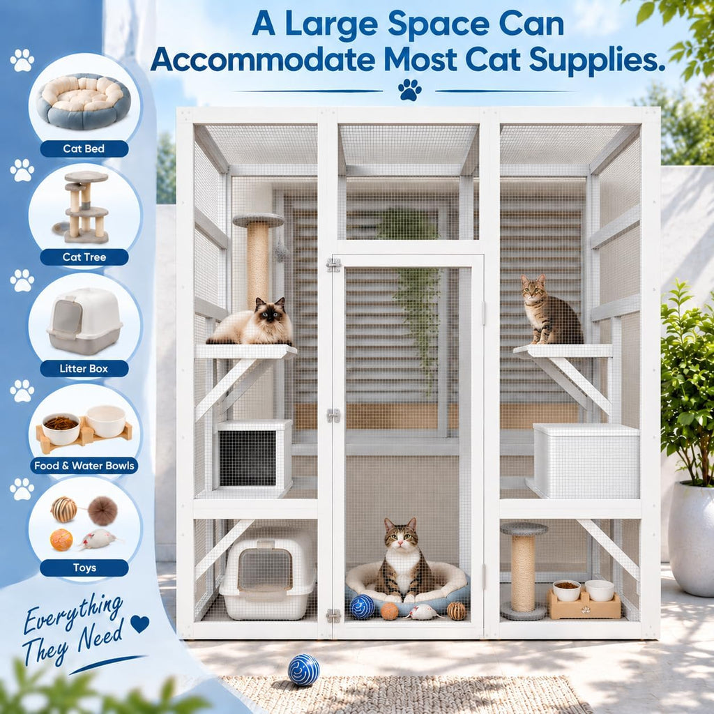 70" Large Outdoor Catio Cat Enclosure, Wood Cat Patio with Waterproof UV-Resistant Roof, Cats Shelter with 5