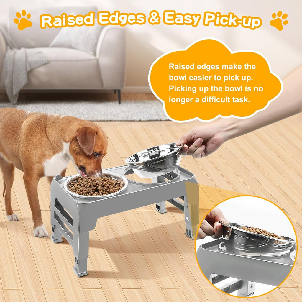Elevated Dog Bowls for Small Medium Dogs, 3 Height Adjustable Raised Stand with 2 Thick 6" Stainless Steel Food