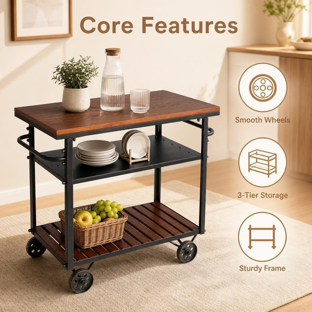 Rolling Bar Cart with Handle [3 Tier] Home Kitchen Microwave Cart Island On Wheels, Mobile Serving Cart Beverage