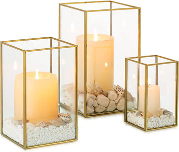 Hurricane Glass Candle Holders: 3Pcs Gold Lanterns Candle Holder for Pillar Candles Geometric Table Centerpiece