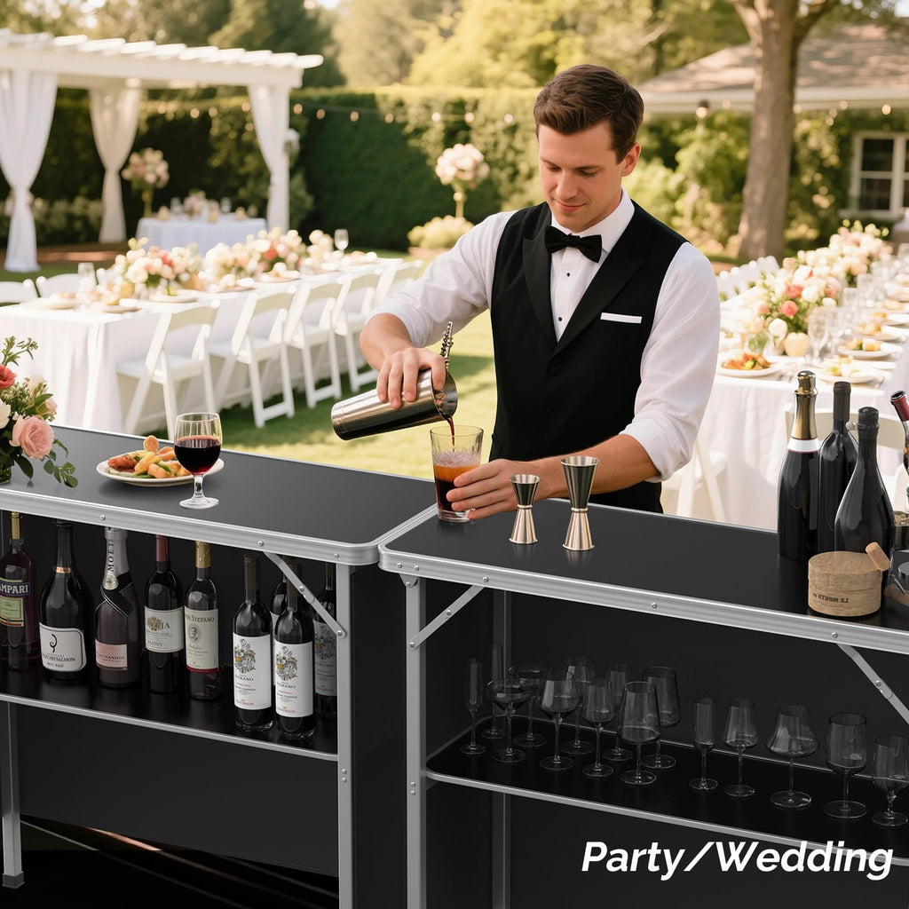 Portable Bar Table, 2-Tier Shelves, Mobile Bar Table for Events, Party, Camping, Picnic, Tradeshow, Indoor with Black