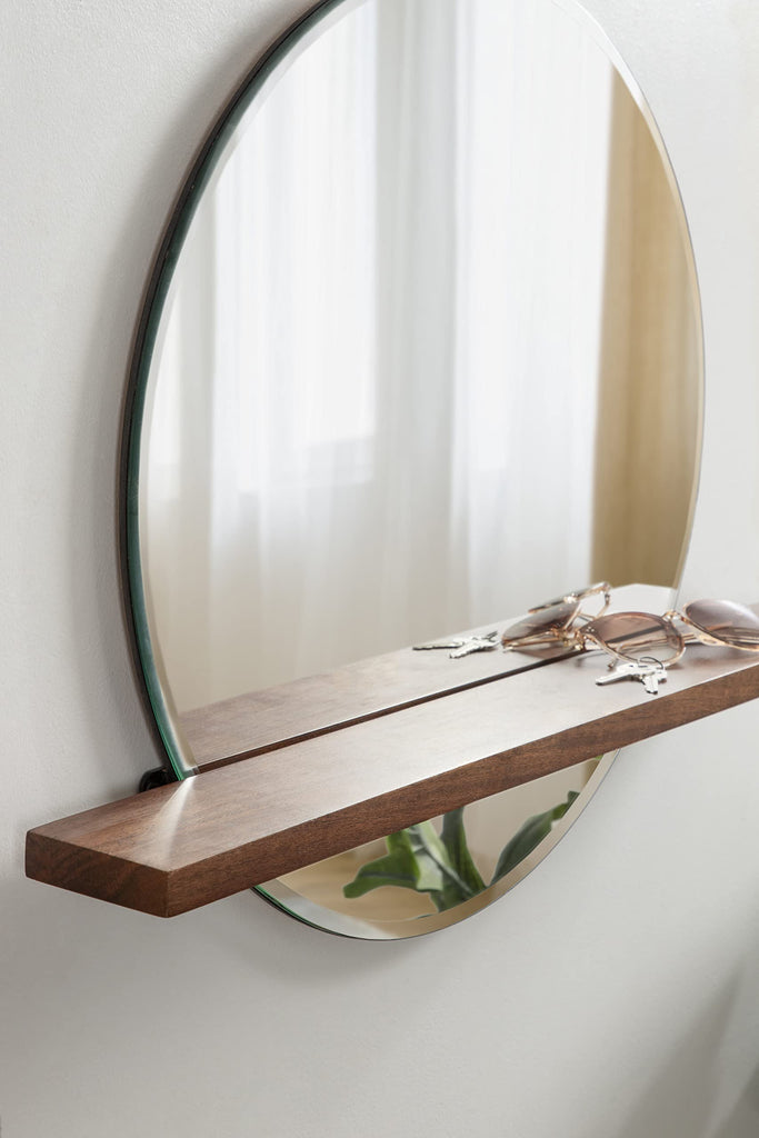 Fossett Frameless Round Wall Mirror, 24 Inch Diameter, Walnut Brown, Decorative Functional Mirror with Shelf