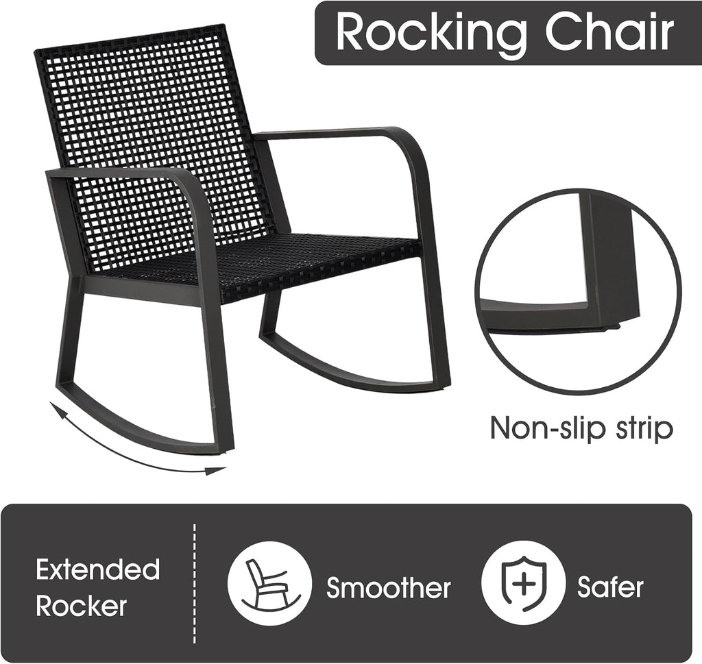 Bistro 3 Piece Patio Furniture Set, Patio Table and Rattan Outdoor Rocking Chairs Set of 2, Outdoor Bistro