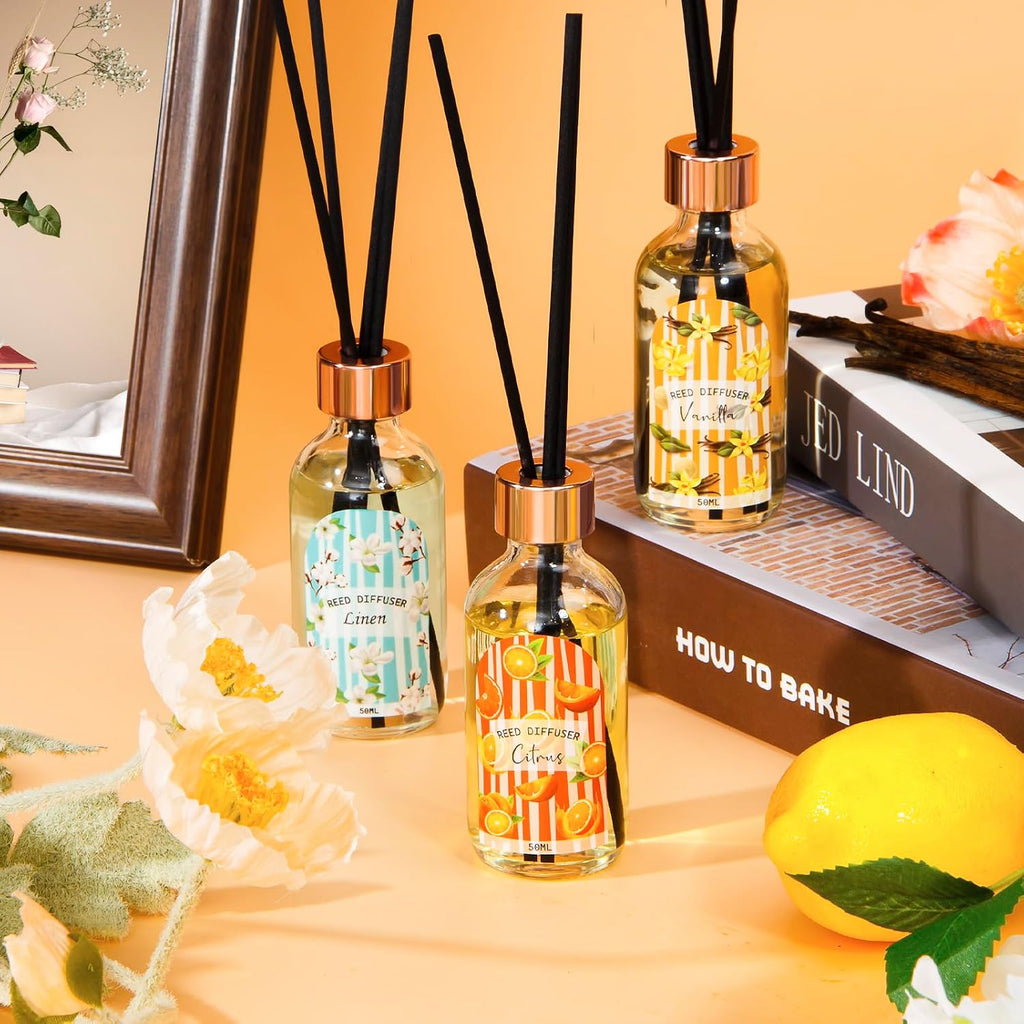 Reed Diffuser Pack, Linen Vanilla Citrus Scented Oil Diffuser with 15 Sticks, Reed Diffusers Air Freshener - Set of 3
