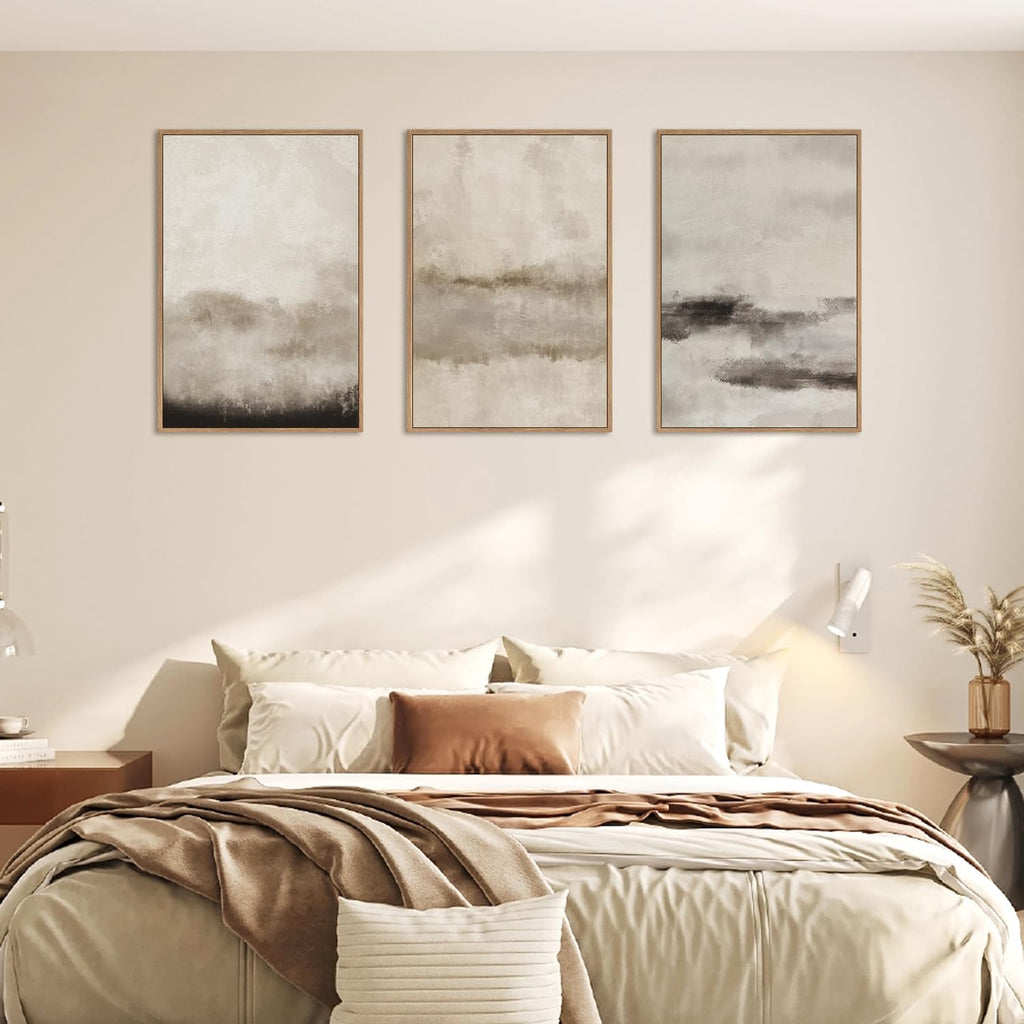 Large Abstract Framed Canvas Wall Art Set,Minimalist Beige Gray Pastel Watercolor Wall Decor,Modern