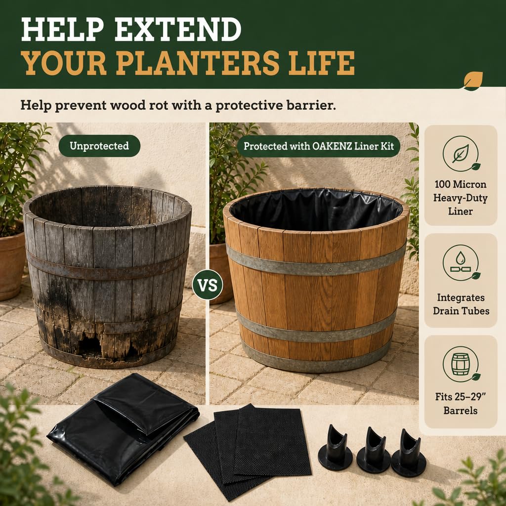 Half Barrel Planter Liner Kit (2 Pack) - Wine & Whiskey Barrel Planter Liner Bags with Drain Tubes & Mesh