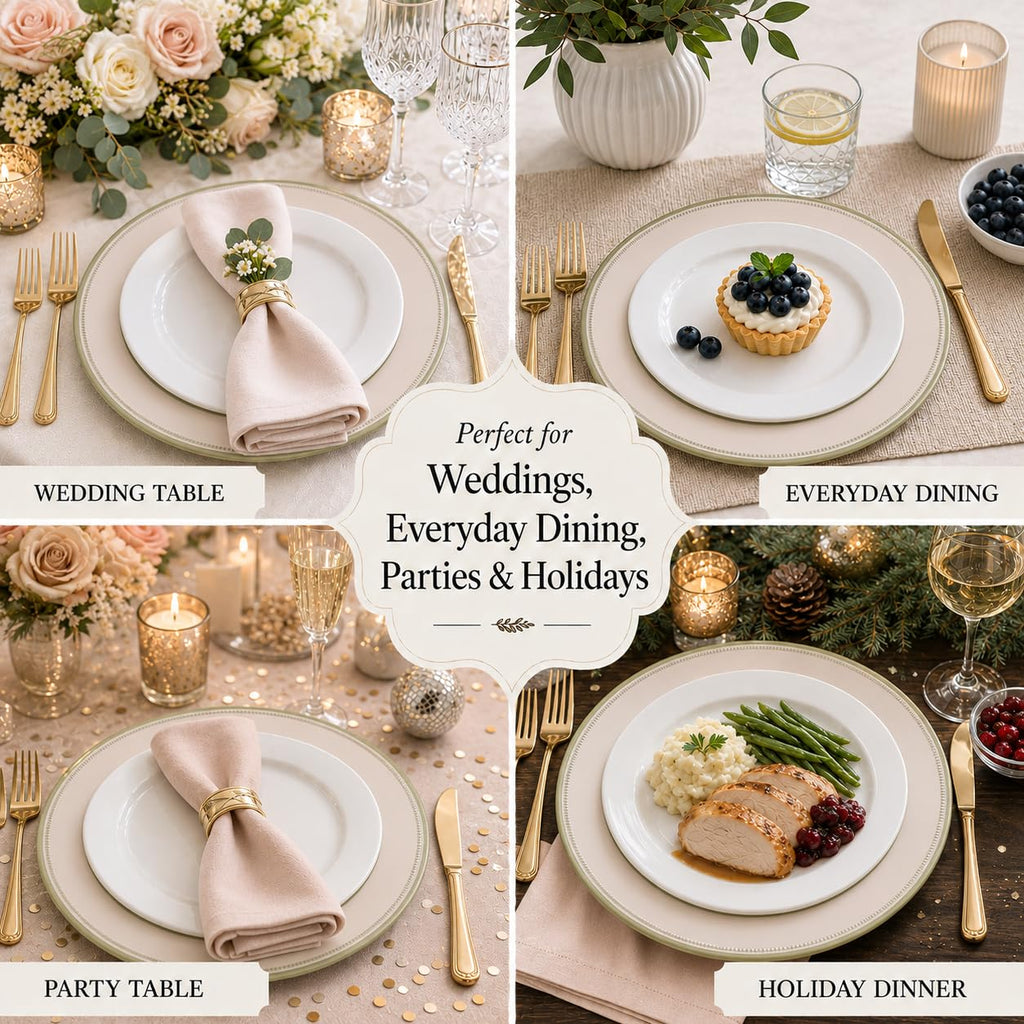 Champagne Blush Charger Plates Set of 12-13in Gold Beaded Rim Chargers for Dinner Plates- Heavy Duty Round Plastic