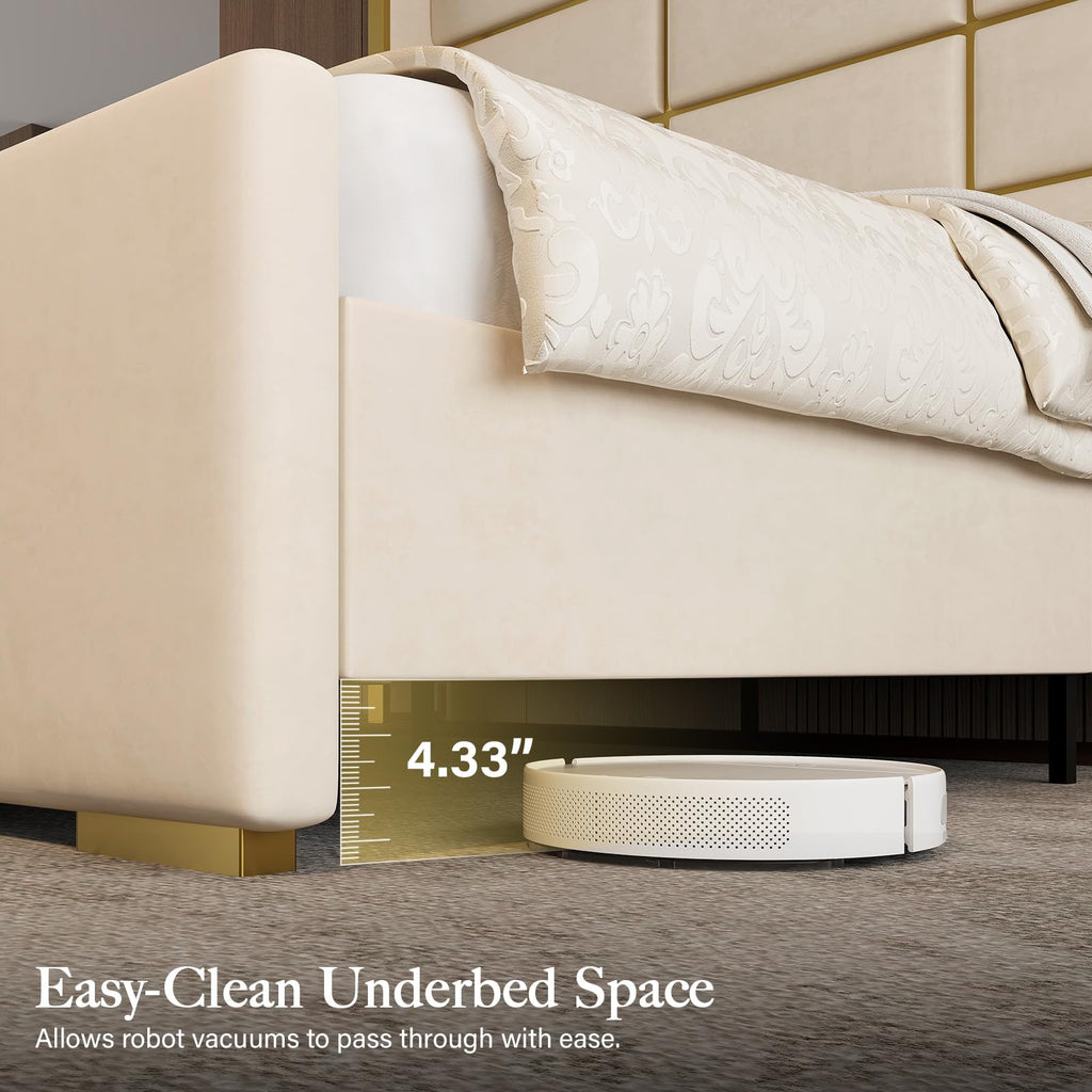King Size Bed Frame with Gold Trim Headboard, 66.9" Tall Bed, Beige