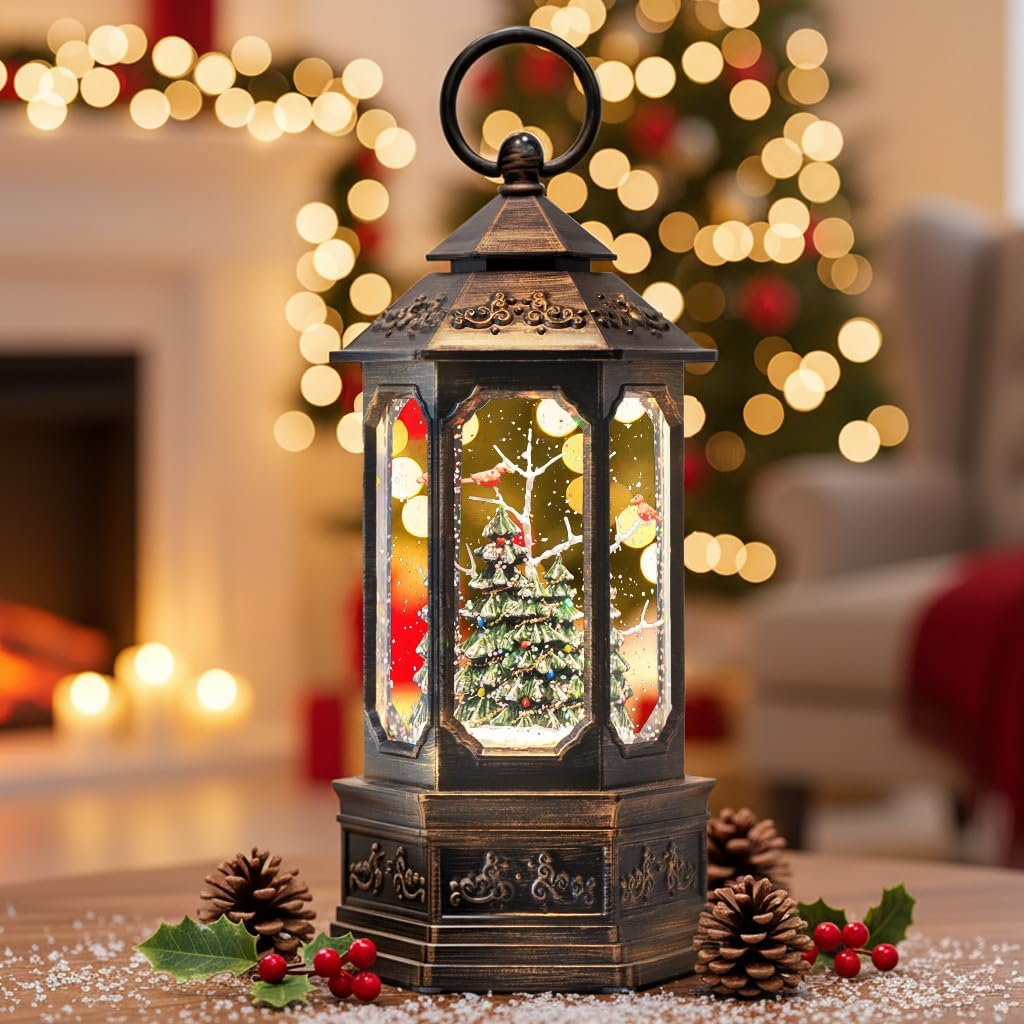 Christmas Snow Globe Lantern with Christmas Tree, Musical Glitter Snow Globes Water Lantern, USB and Battery Powered