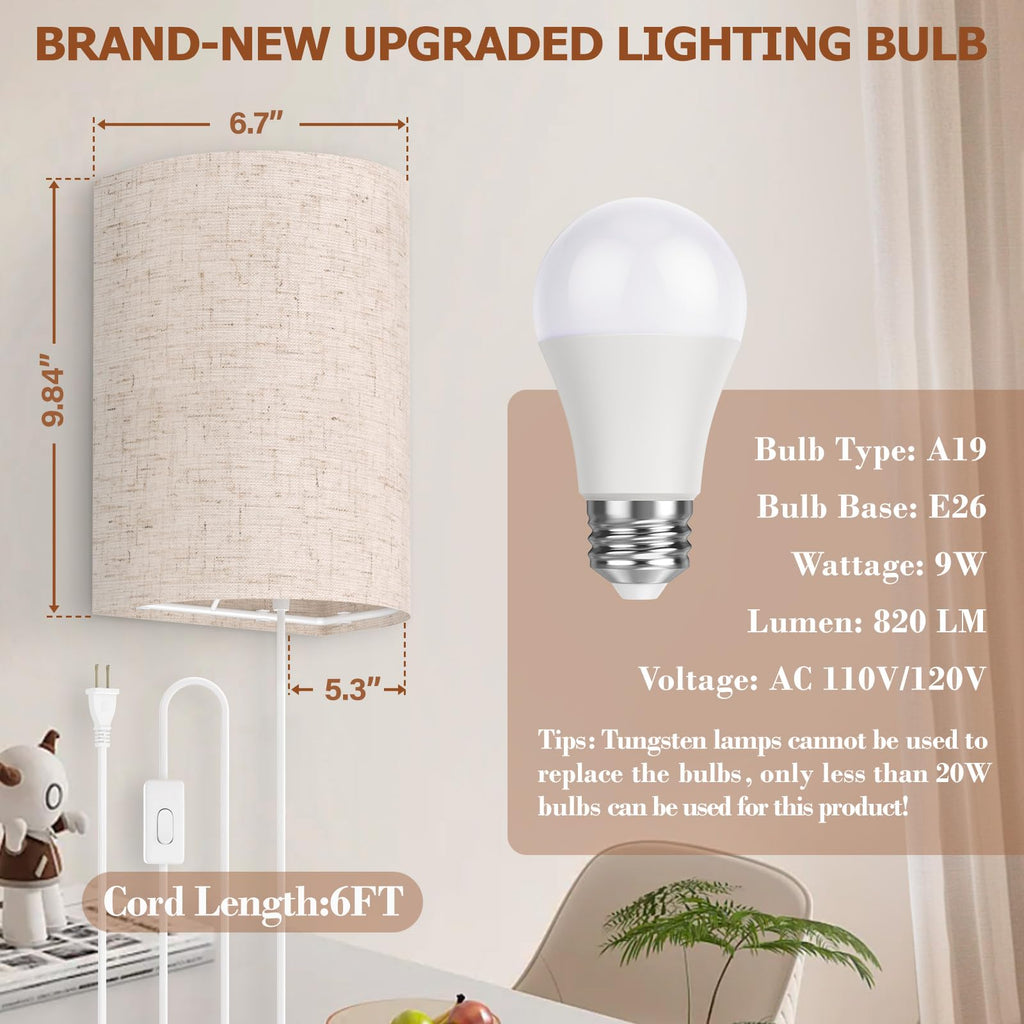 Plug in Wall Sconces Set of Two Wall Lights Lamp with On/Off Switch