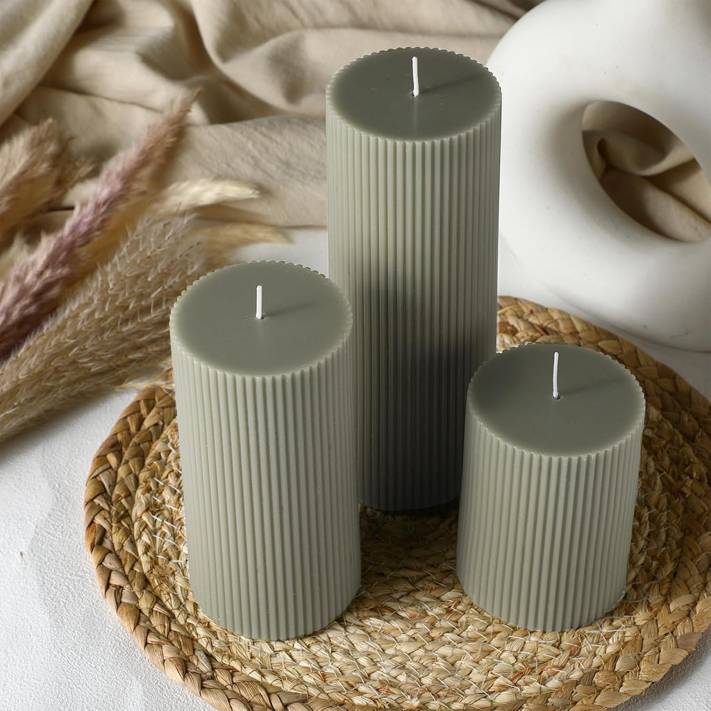 Ribbed Pillar Candles, Width 3" High 4" 6" 8", Bean Green - Set of 3