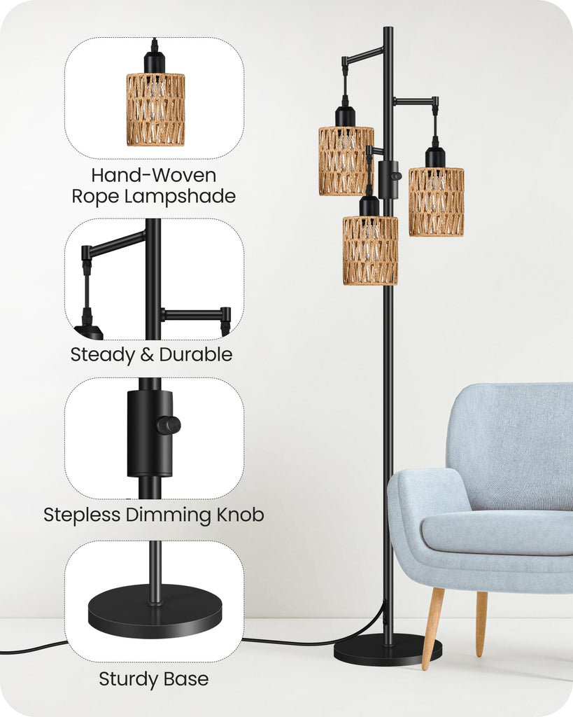 Dimmable Floor Lamp, Farmhouse Tall Standing 70.3" Tree Lamp with 3 Rope Woven Lampshades, Boho Rattan Floor Lights