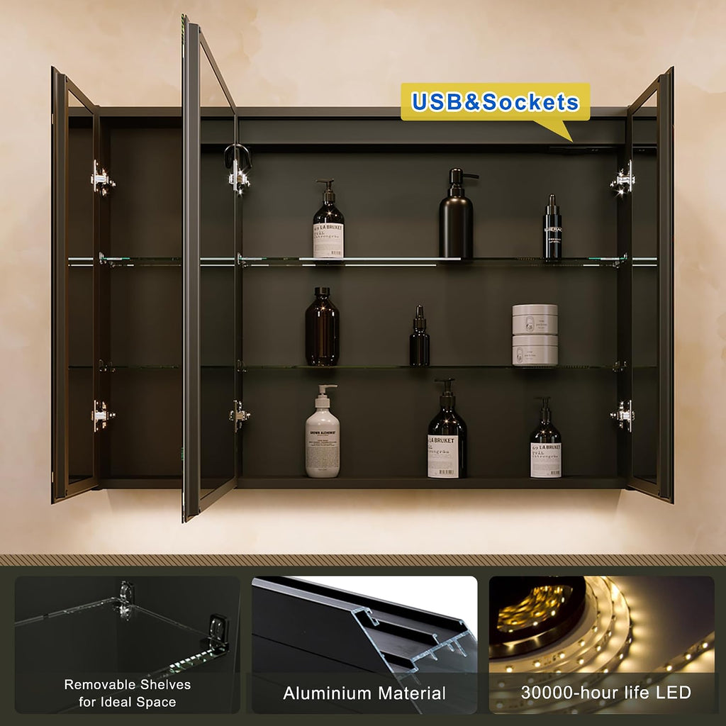 40*28 inch Three-door Aluminum LED Lighted Bathroom Medicine Mirror Cabinet | Light Adjustable, Sockets & USBs