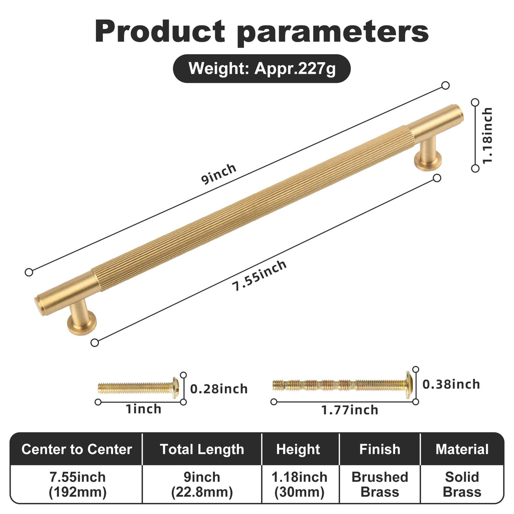 7.5" Solid Brass Cabinet Pulls, Brushed Gold