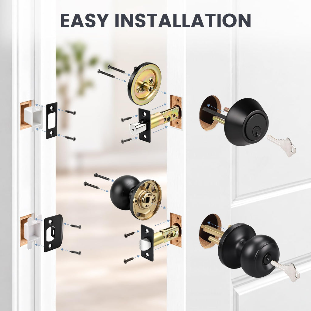 Entry Door Knob and Single Cylinder Deadbolt Lock Set, Exterior Door Lock Set, Exterior Door Knob with Key Lock and