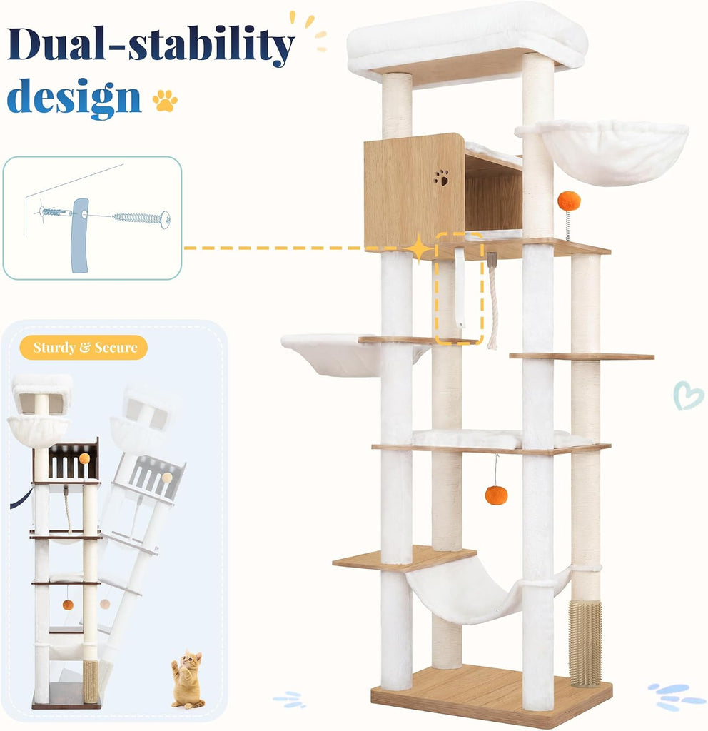 Wooden Cat Tree Tower with Rattan Condo, Big Platform