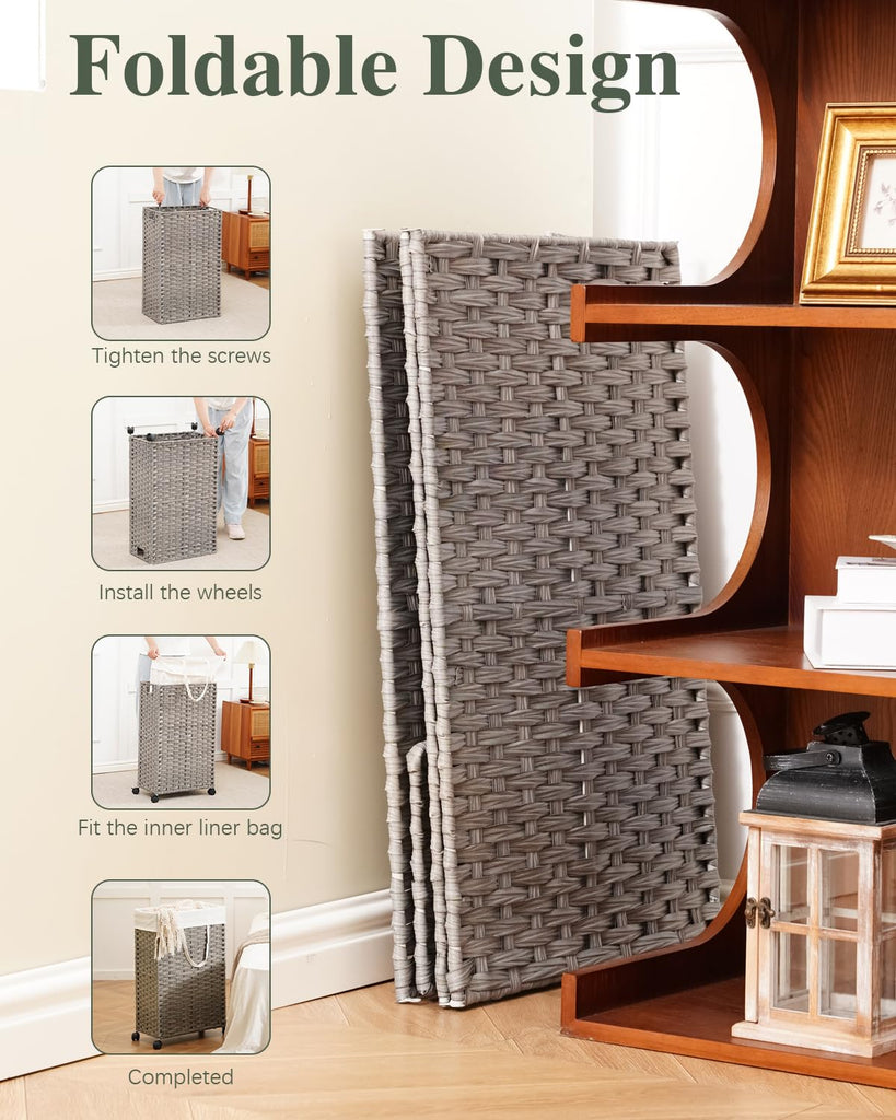 Slim Laundry Hamper 75L rolling laundry basket with Wheels Grey