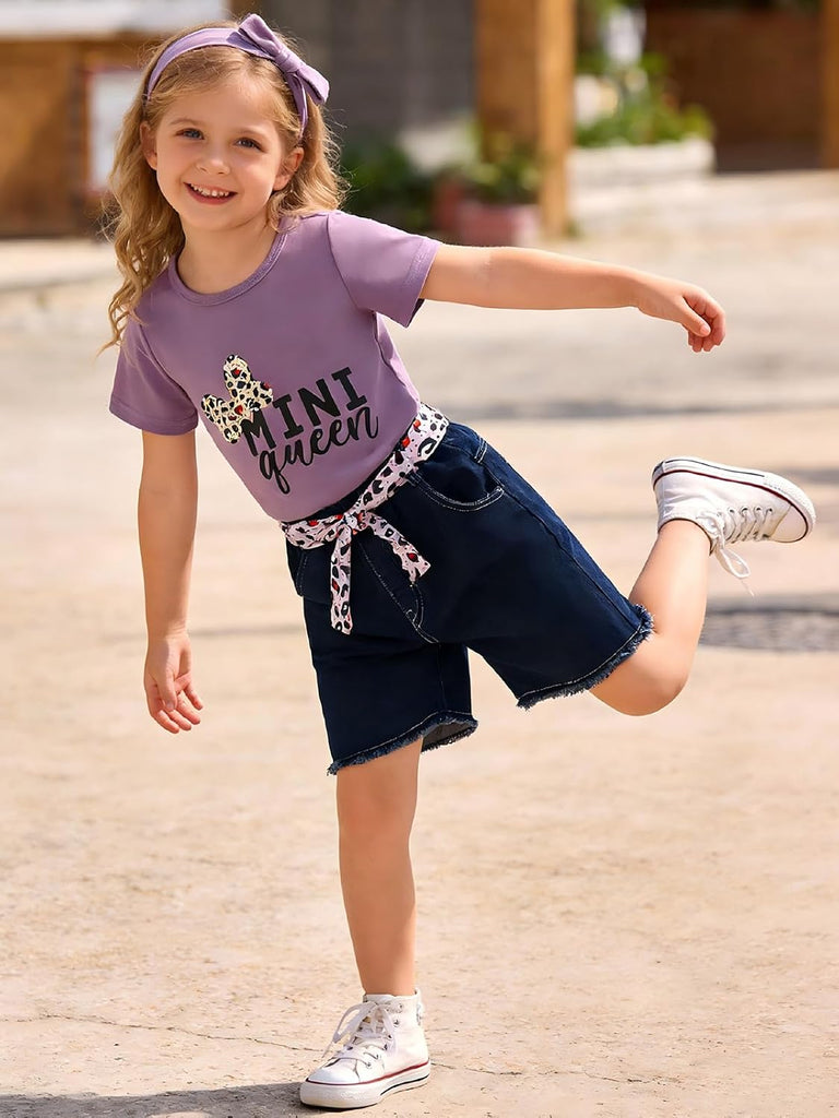 Kids Toddler Girls Summer Clothes Leopard Butterfly Print T-Shirt + Belted Denim Jeans Shorts 3PCS Outfits
