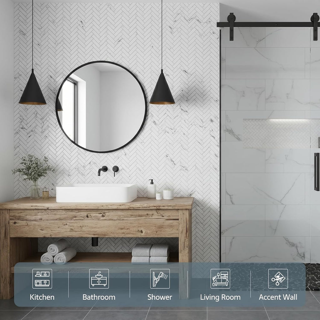 Carrara White Marble Look 3D Herringbone Recycled Glass Matte Mosaic Tile Shower Kitchen Backsplash, Floor 5 Sheet
