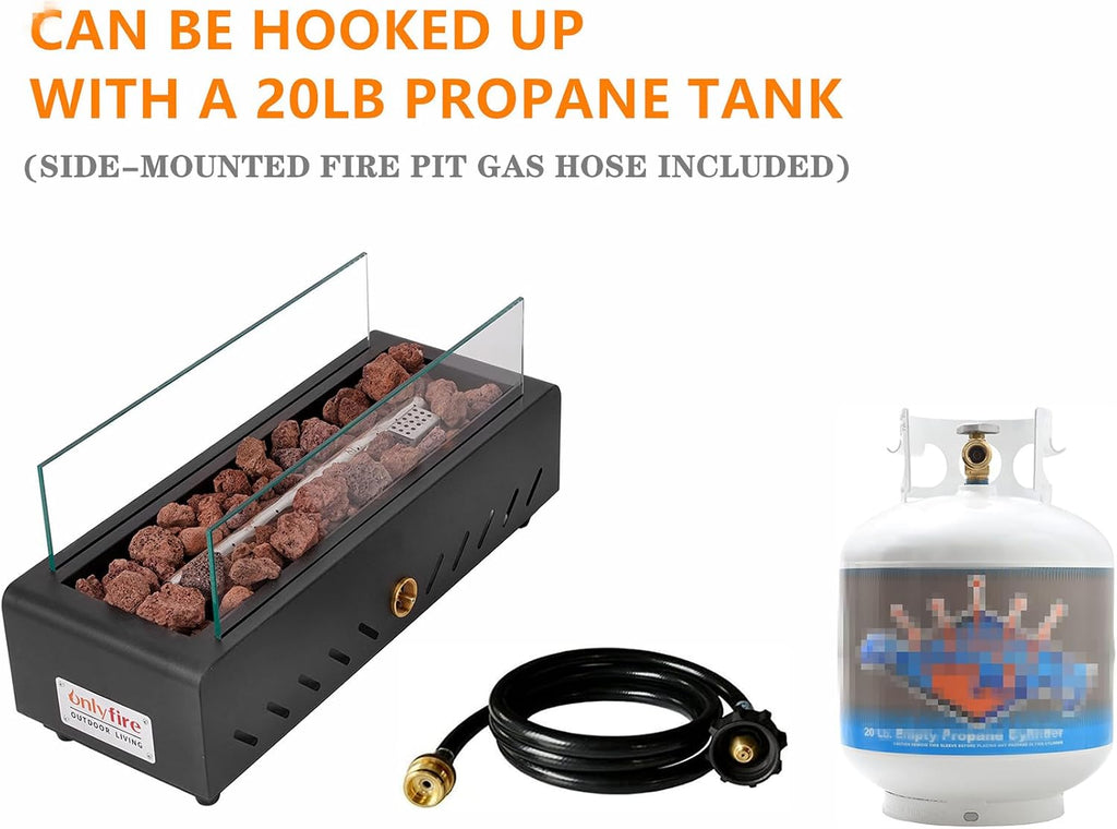 18 Inch Table Top Propane Fire Pit, Rectangular Tabletop Firepit with Lava Rocks, Glass Shield & 6.8 ft Hose