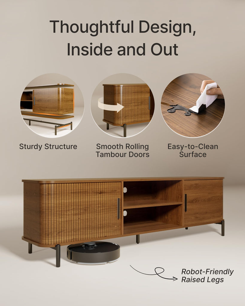 70" Mid-Century Fluted TV Stand with Storage up to 80 Inch, Walnut