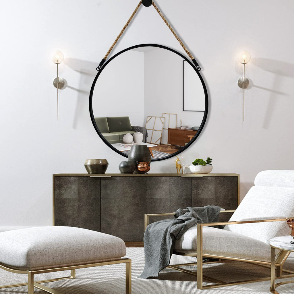 30" Large Round Hanging Mirror, Circle Wall Mirror with Jute Rope