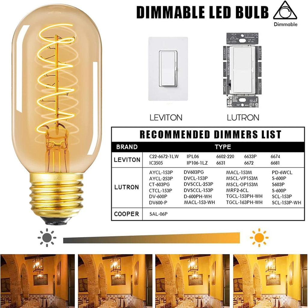 Vintage LED Spiral Filament Bulb T14, E26 Base, 4W Equivalent, 40W Warm White, 2200K, Dimmable, AC120V, 400LM, Amber