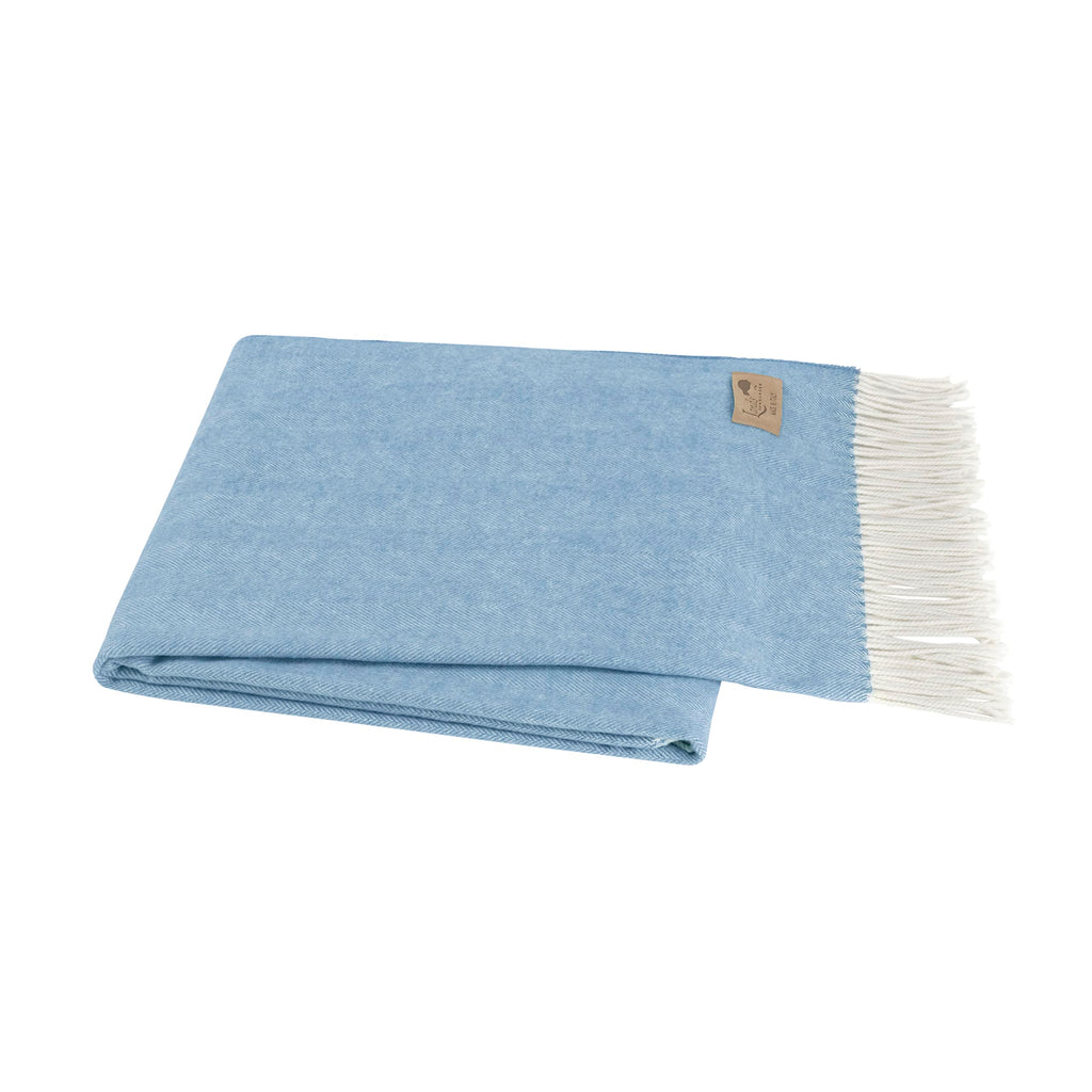 Cotton Throw Blanket - Blue Denim Italian Woven Herringbone Throw Blanket with Fringe - Luxury Decorative Throw for