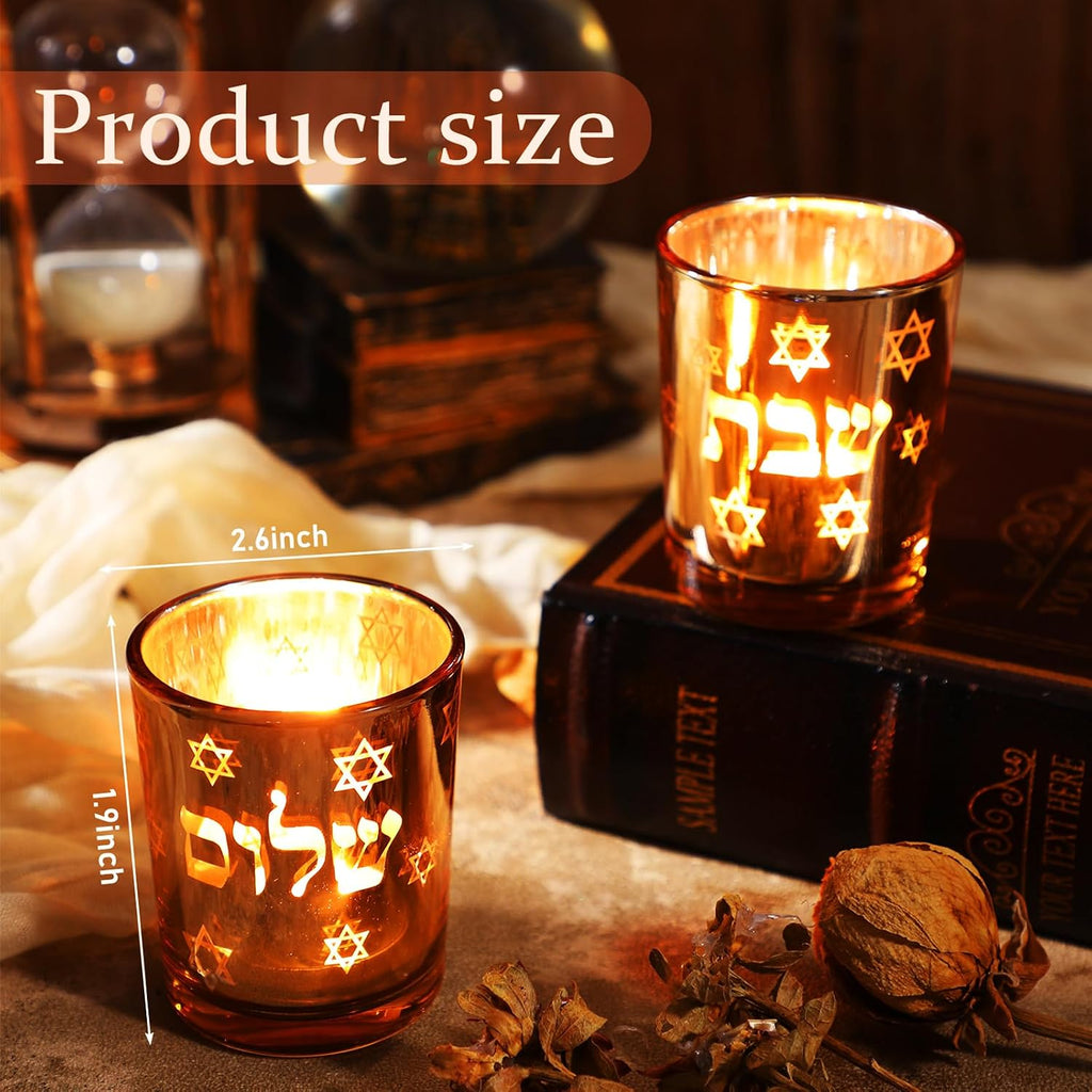 Shabbat Candles Holders Gold Jewish Judaica Gift Set Electroplated Glass Modern Shabbat Candlestick Holders - Set of 2