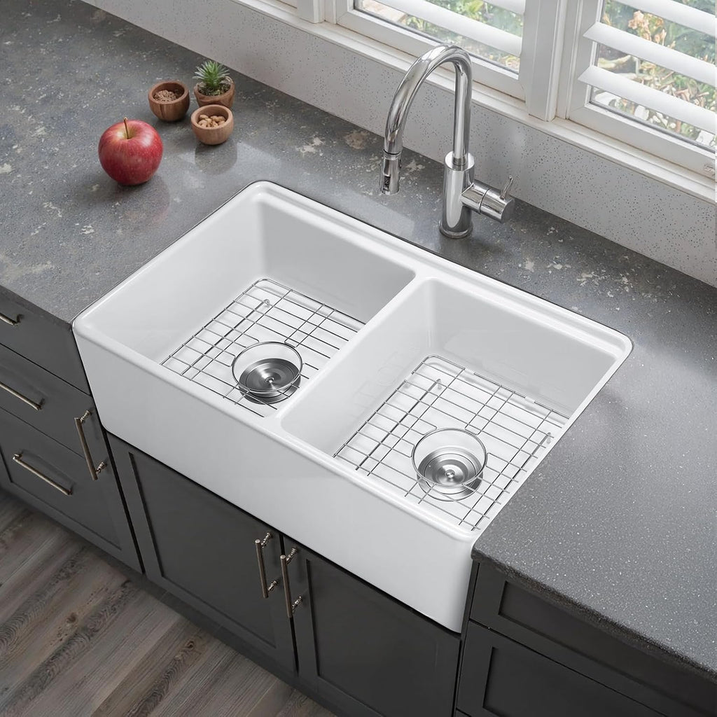 33x20 inch Farmhouse Sink, White Sink Workstation, Fireclay Undermount Basins, Apron Front Double Bowl Basin with