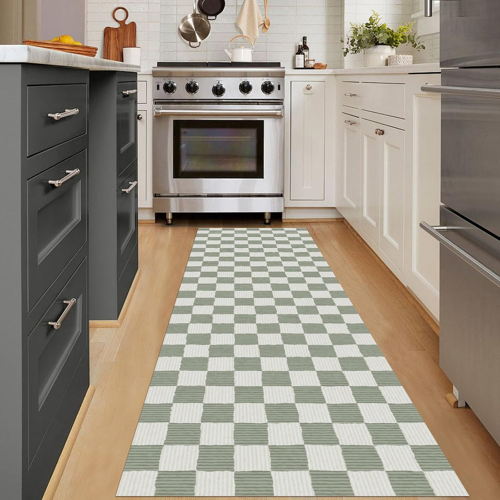 Washable Hallway Runner Rug Sage Green Rug Checkered Geometry Neutral Line Non-Slip Soft Long Carpet Kitchen