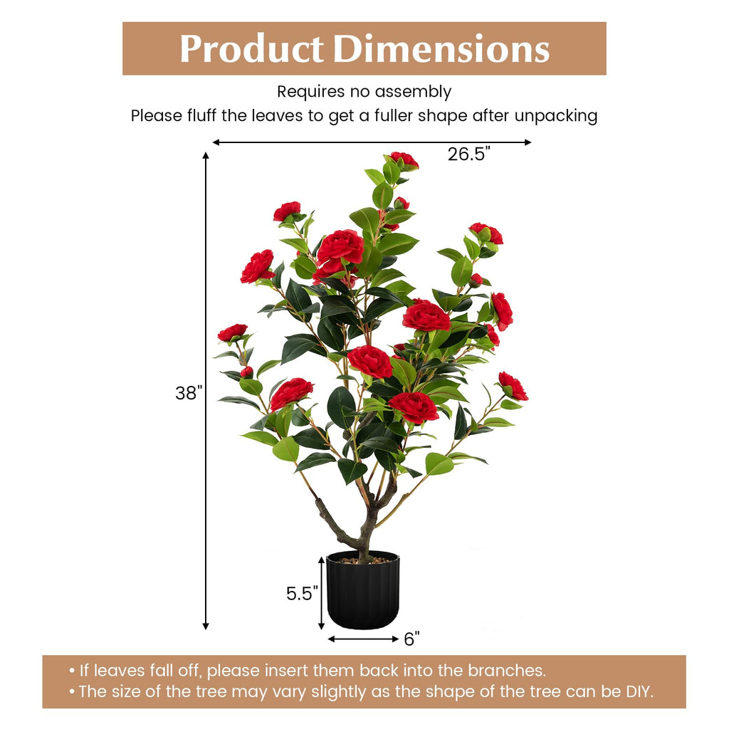 Artificial Camellia Tree Set of 2, 38" Tall Potted Plants Artificial Decoration w/Cement Pot, 24 Flowers, Decorative