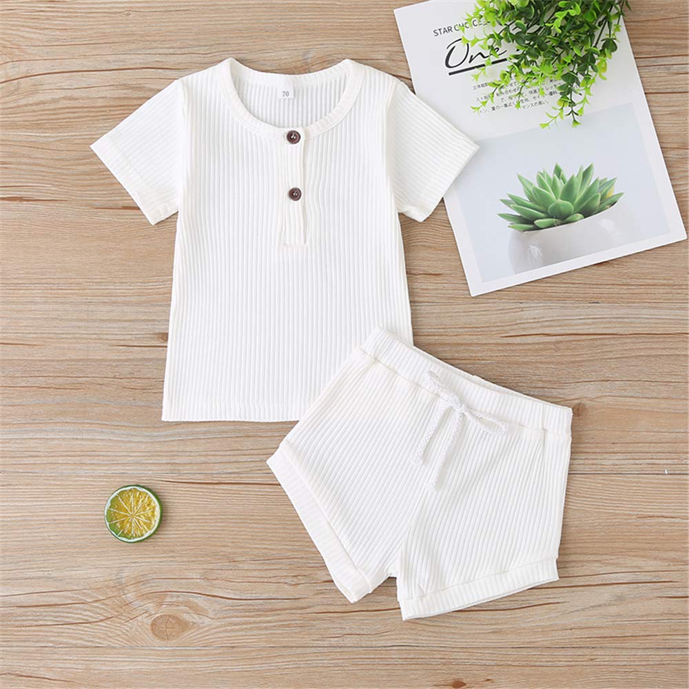 Newborn Baby Girl Summer Outfits Ribbed T-Shirt Romper+Plain Shorts 2Pcs Cute Playsuit Clothes Set (White, 18-24