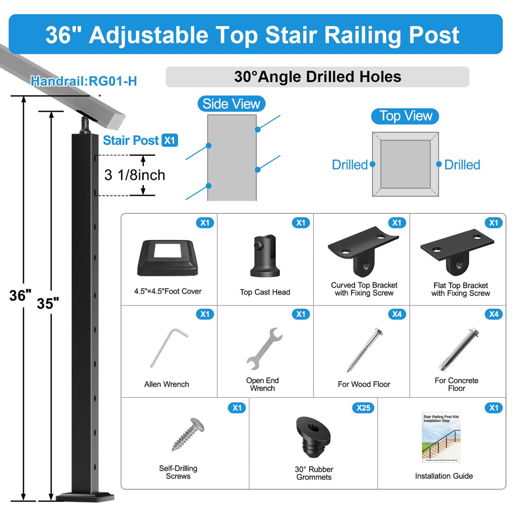 36" Stair Cable Railing Post for 25-35° Stairs, Surface Mount Adjustable Top Stair Post, Cable Railing Kits for Deck
