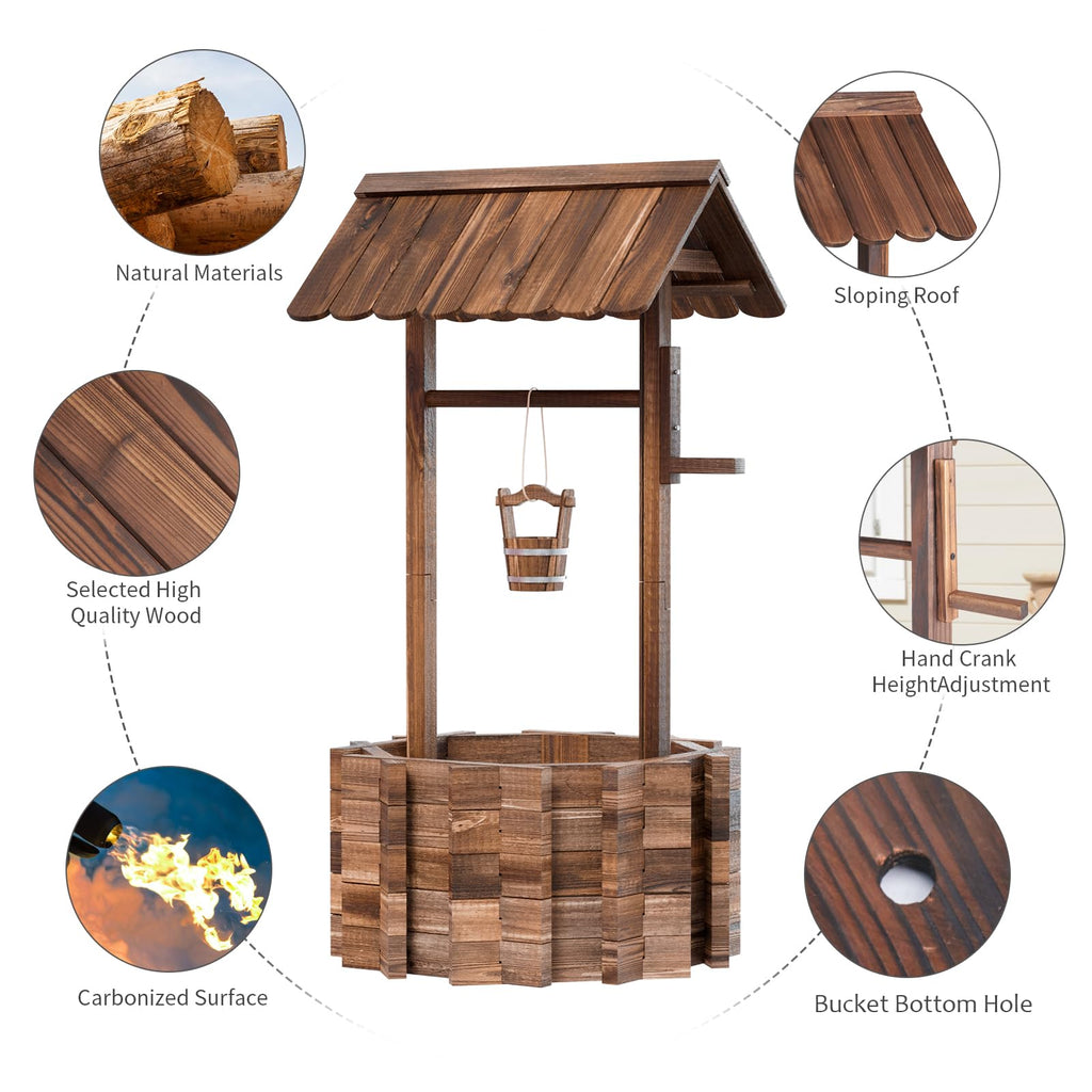 Wishing Well Planter for Yard, Outdoor Large Wooden Wishing Well with Hanging Bucket for Flower and Plants Wishing