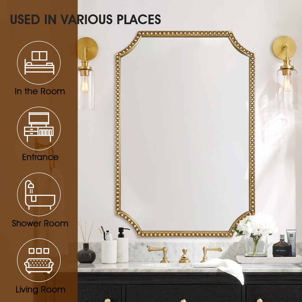 30"x40" Mirror for Wall, Full Scalloped Corners Rectangle Decorative Mirror, Metal Beaded Frame Accent Wall Decor