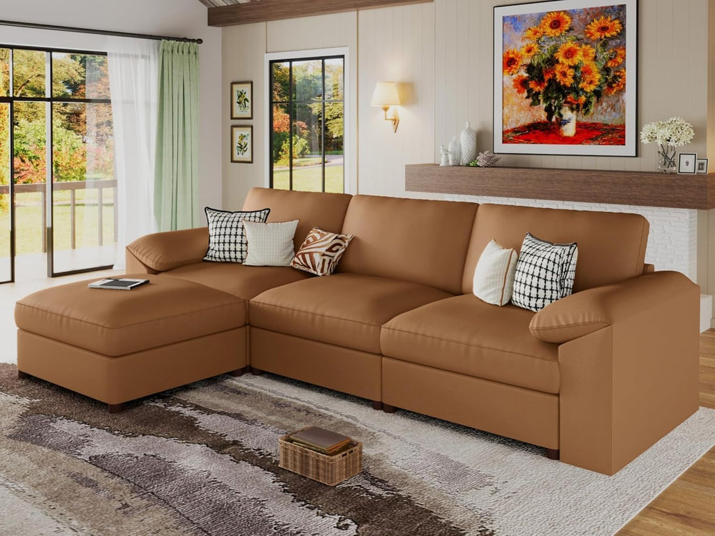 Leather Sectional Couch, L Shaped Modular Sectional Sofa, Brown