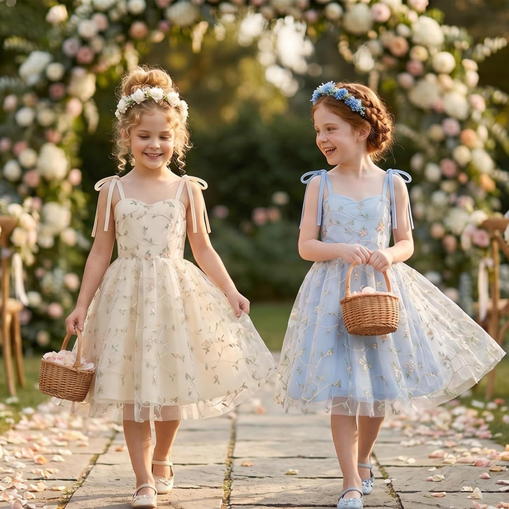Embroidery Flower Girl Lace Dess for Kids Party Wedding Bridesmaid Tulle Dresses Princess Pageant Birthday Floral Gown