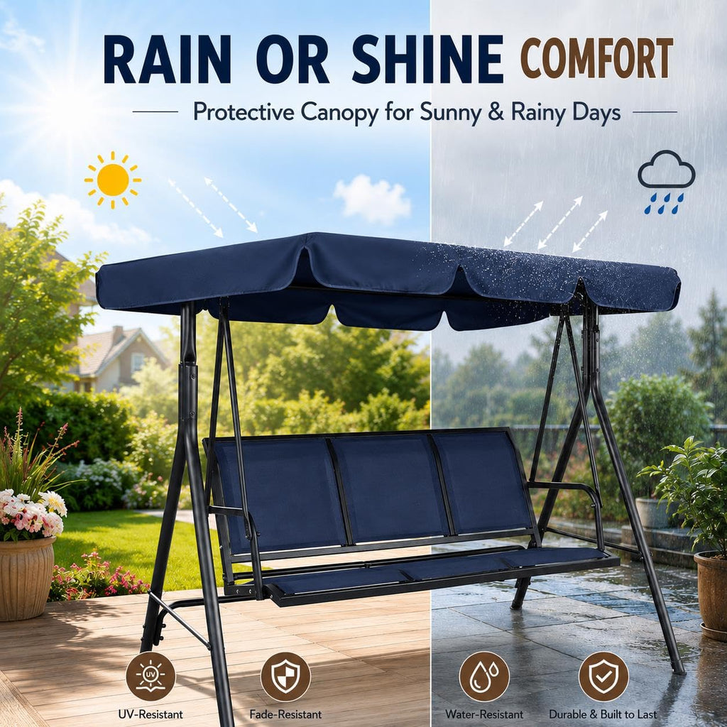 3-Seat Patio Swing Chair w/Texteline Fabric Ez Setup, Blue