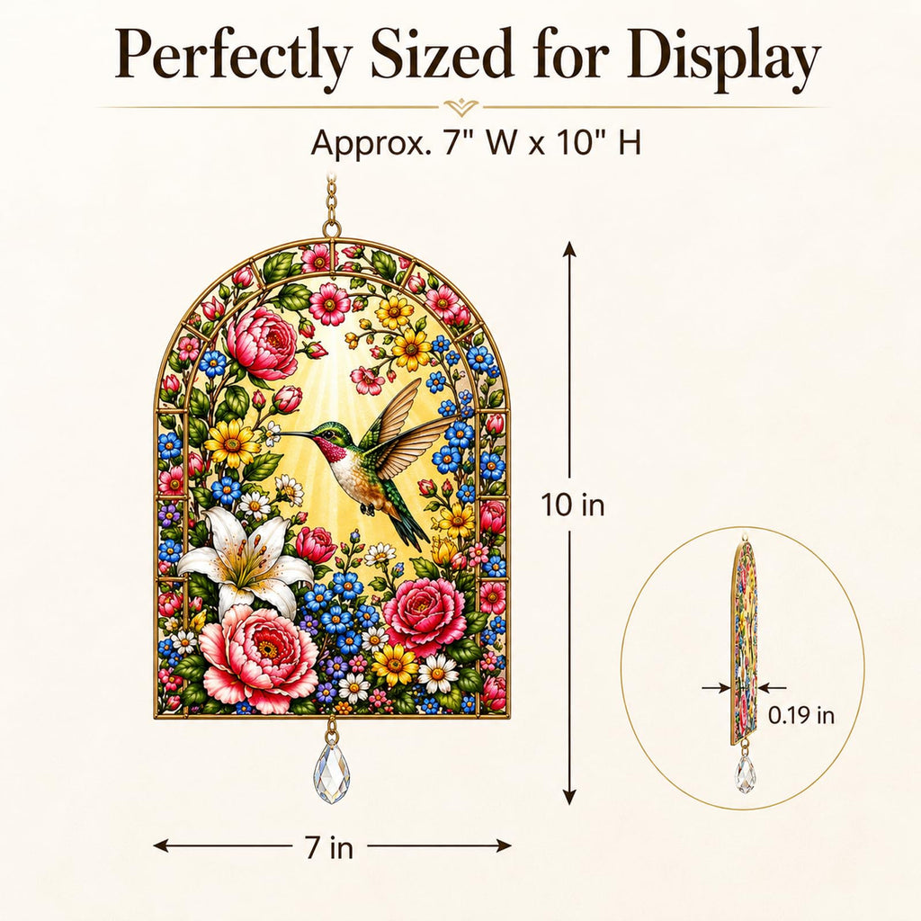 Hummingbird Suncatcher for Windows, Double Sided Tempered Glass Window Hanging, Floral Bird Stained Glass Style Sun