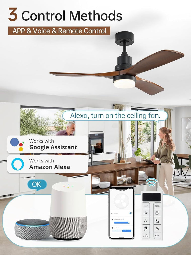 52 Inch Smart Ceiling Fan with Lights, Brown Black