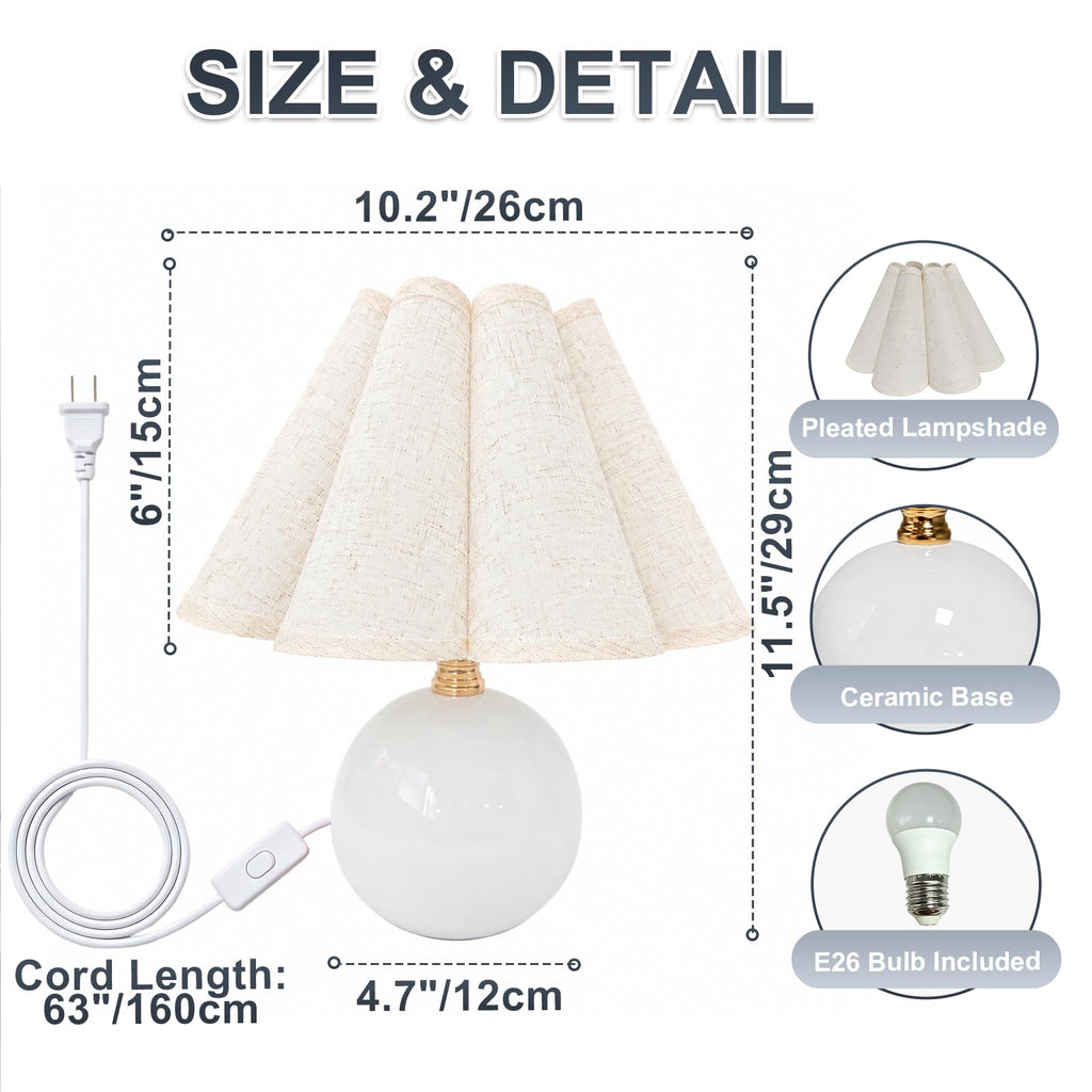 Small Ceramic Table Lamp, 11.5'' Cute Scalloped Lamp (White)