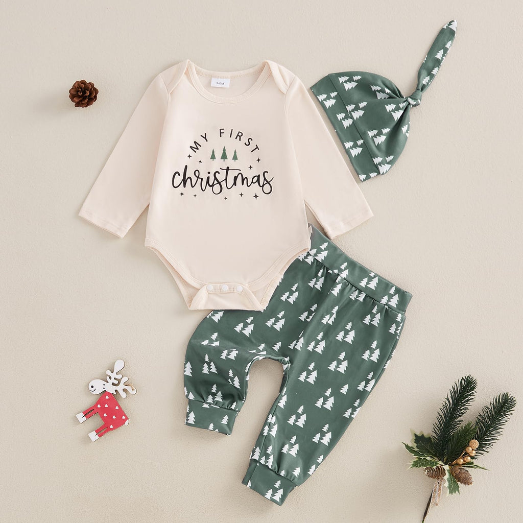 Newborn Baby Boy Girl Christmas Outfit Gingerbread Man Christmas Tree Romper Bodysuit Pants Hat Set Xmas Clothes