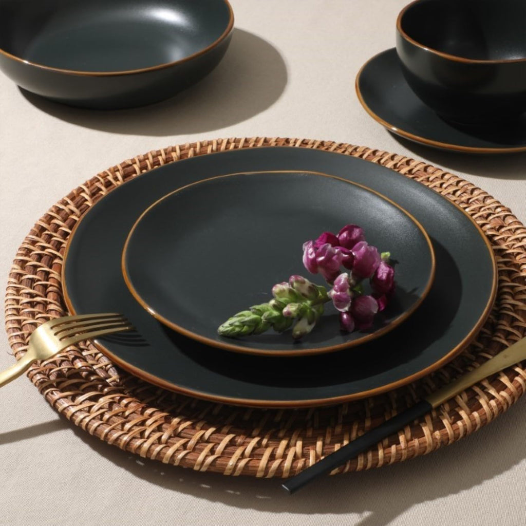 Hazeltine 16-Piece Black Stoneware Dinnerware Set - Plates and Bowls, Durable Ceramic Kitchen Dinner Set