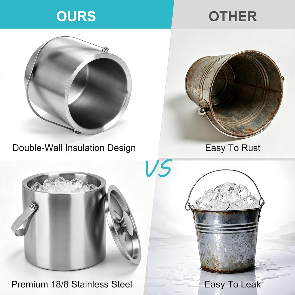 Ice Bucket with Lid & Tong, 2 L, Insulated Stainless Steel