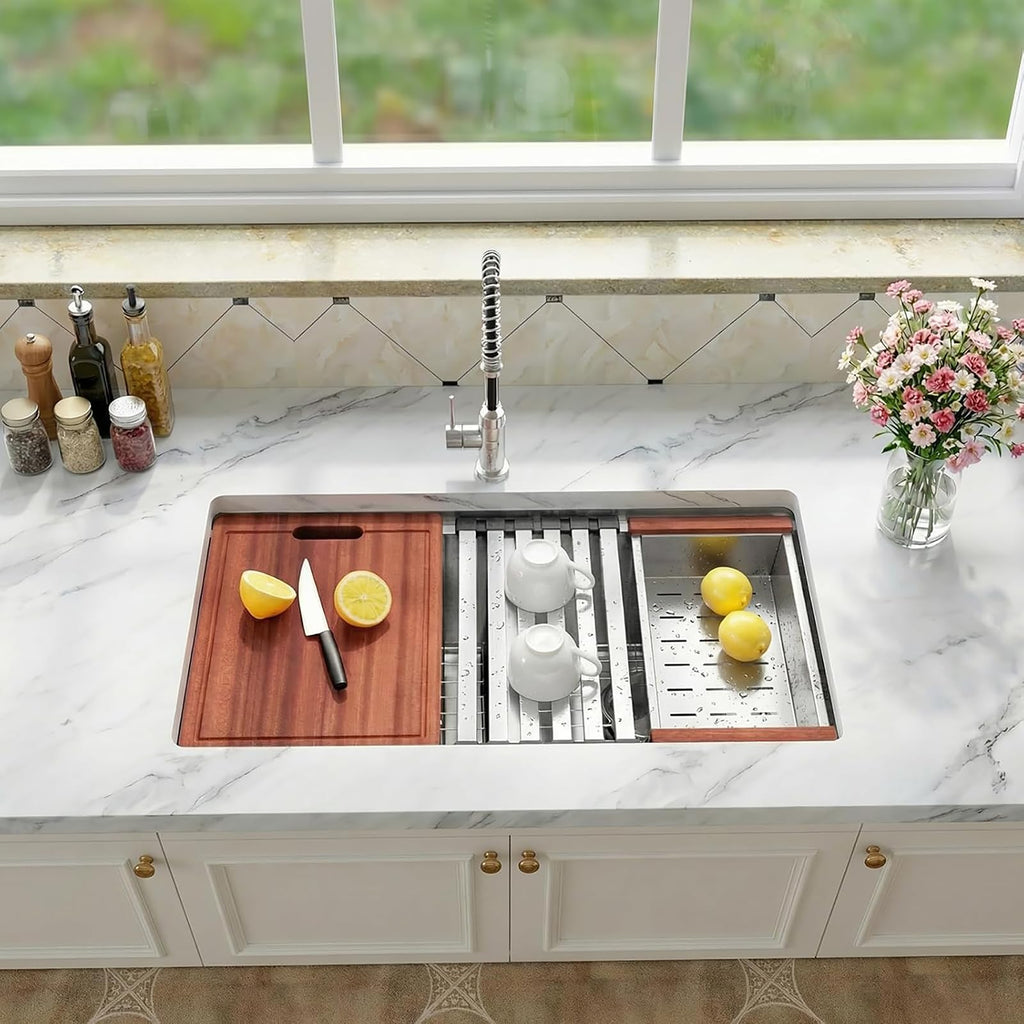30 Inch Undermount Kitchen Sink Double Bowl, Stainless Steel Workstation