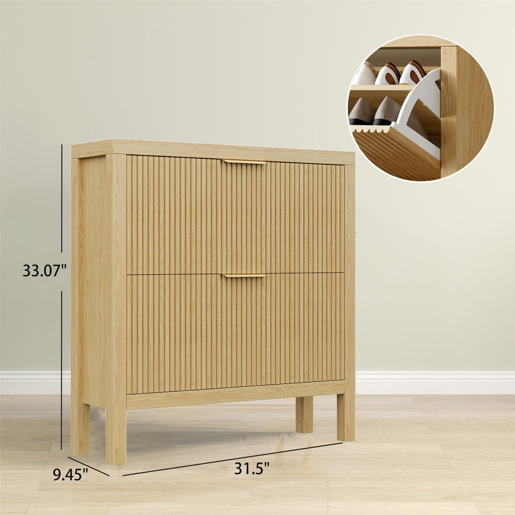 2-Tier Flip Drawer Shoe Cabinet, Hidden Narrow Shoe Rack Cabinet, Natural X2