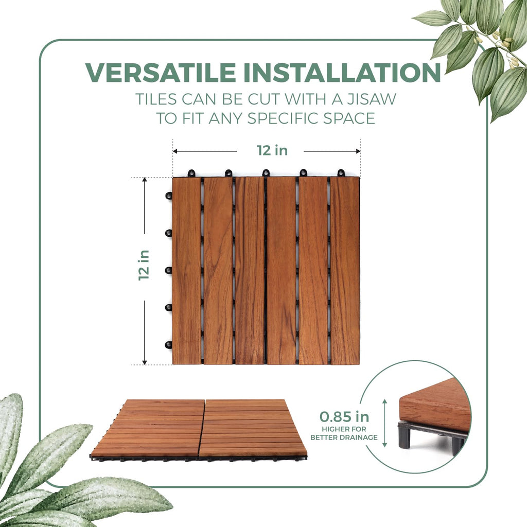 TEAK Deck Tiles (Pack of 9) - Hardwood Interlocking Patio Deck Tiles, All Weather Waterproof
