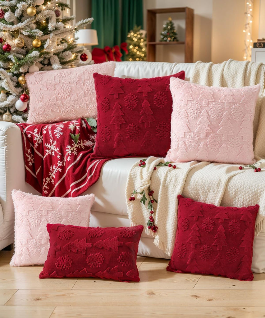 Christmas Pillow Covers 20x20 inch,Luxury Christmas Tree Faux Fur Throw Pillow Covers Red Cute Soft Plush - Set of 2