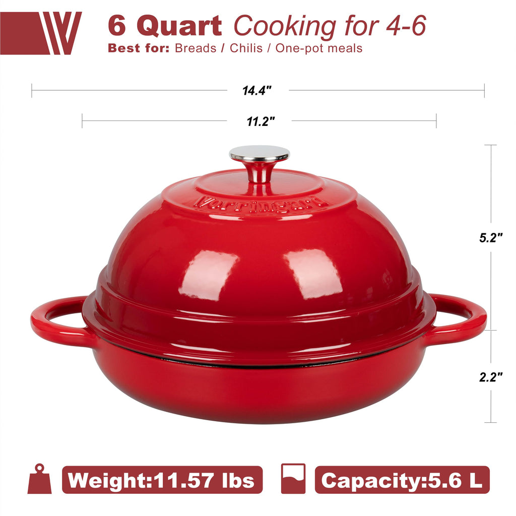 Cast Iron Enameled Dutch Oven Pot with Lid for Bread Baking, Bread Oven, 6 Quart, Red